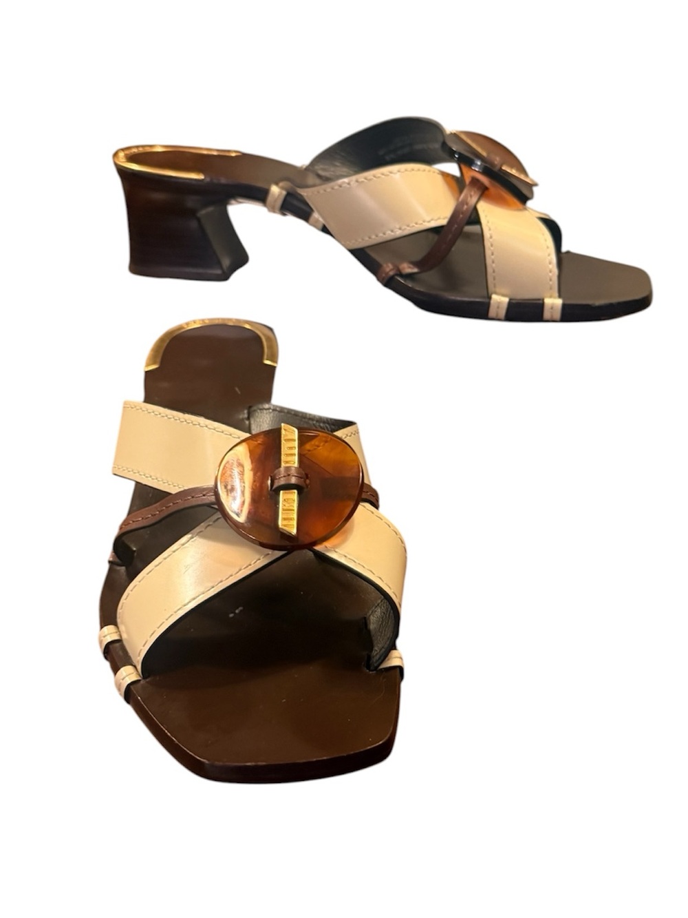 Tory Burch Crisscross Knotted Cream Brown Leather Mule Sandals Size 8.5 $378